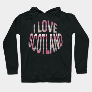 I LOVE SCOTLAND Pink, White and Grey Tartan Colour Typography Design Hoodie